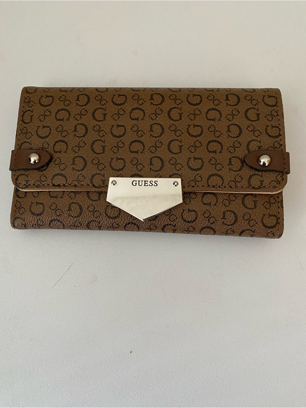 Guess Brown Monogram Continental Wallet with Silver Plate